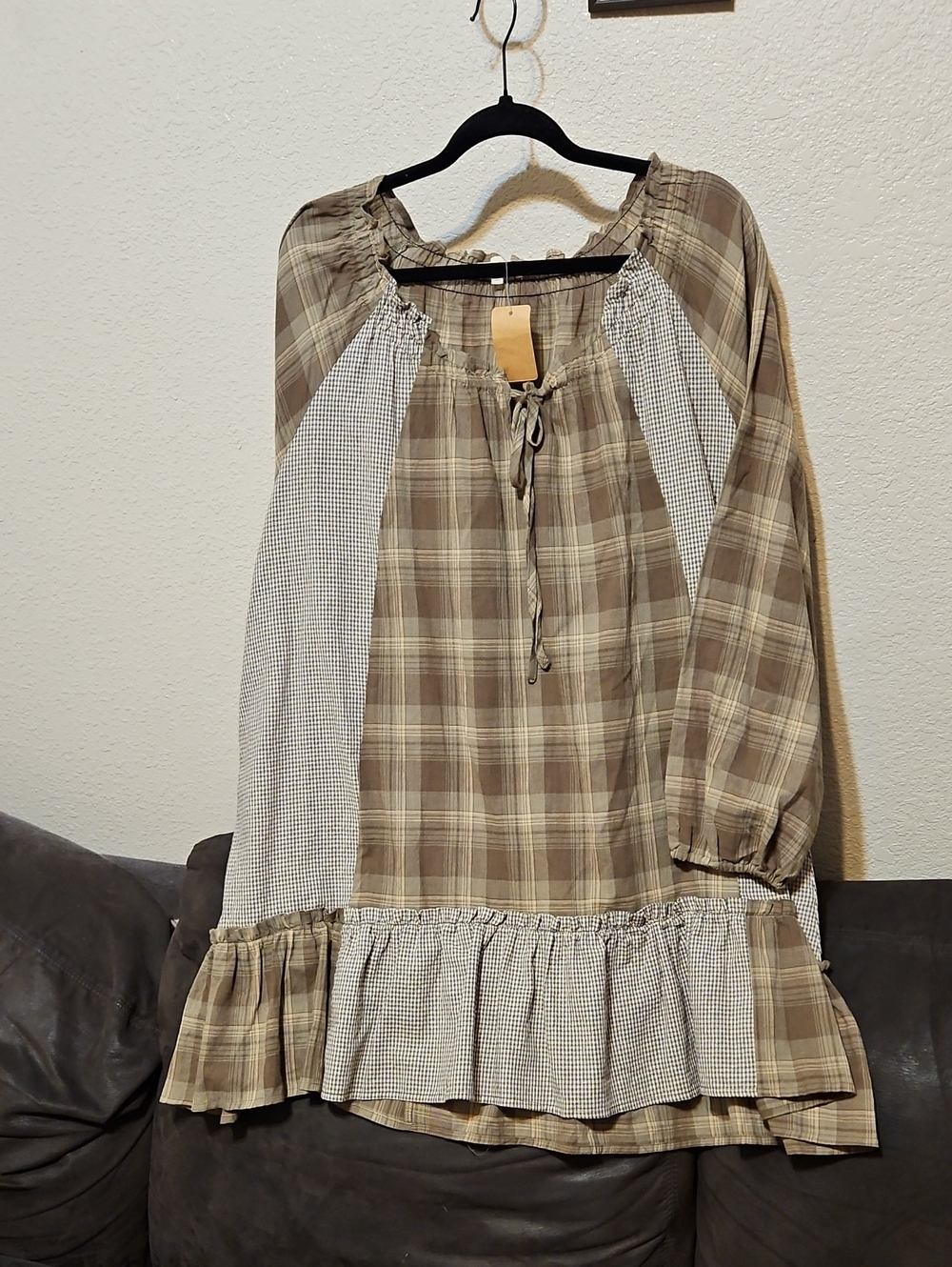 Promesa Beige Plaid and Check Ruffle Peasant Dress